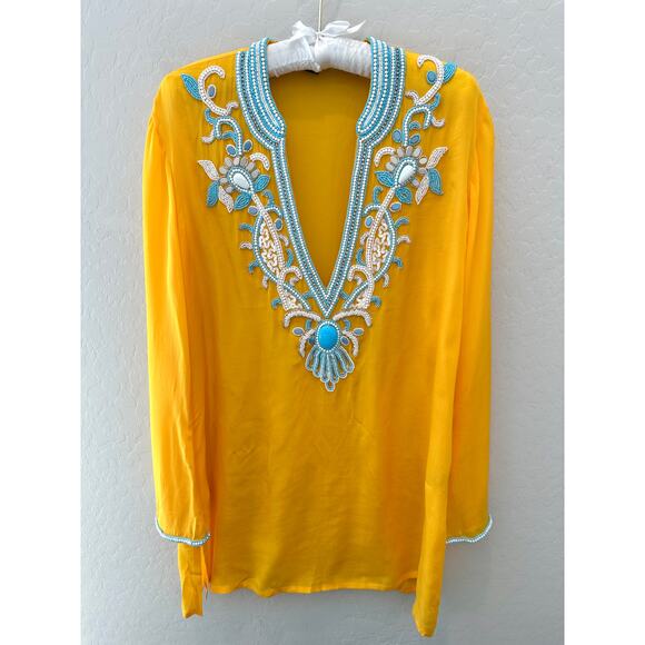 BOSTON PROPER | Yellow Beaded Resort Tunic Top V-Neck | Medium - Picture 1 of 8
